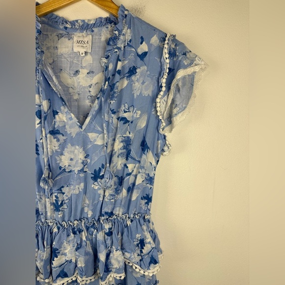 Misa Los Angeles Lilian Dress Blue Tiered Linen Floral Mini Ruffle Women’s Sz M - Picture 3 of 8